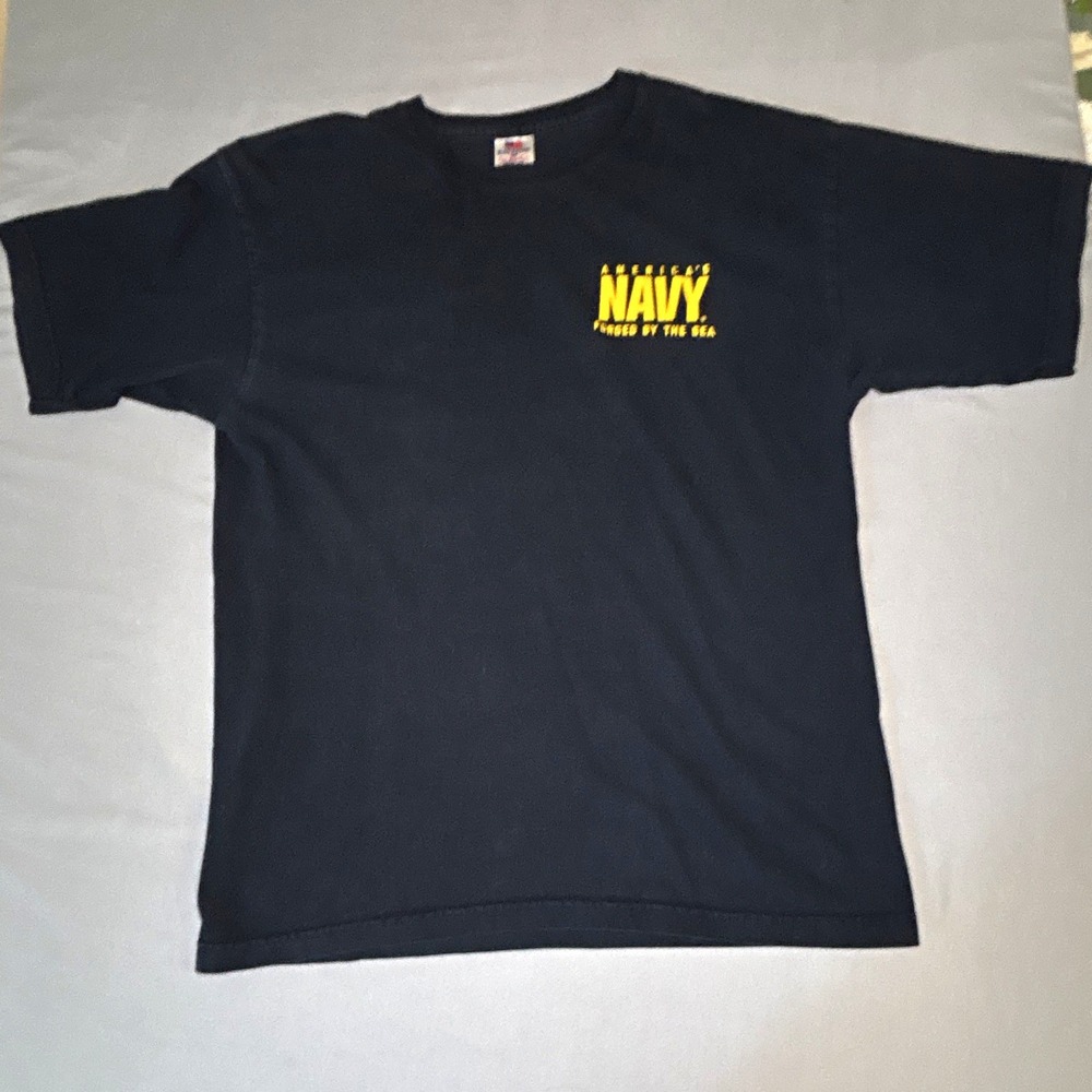 Bayside US Navy Forged By The Sea Graphic T-Shirt Mens Large Black Made in USA
